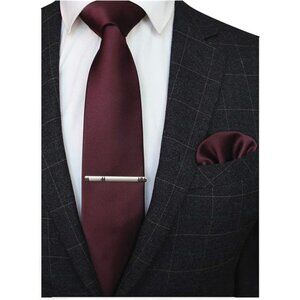 Solid Color Formal Necktie and Pocket Square Tie Clip Sets for Men